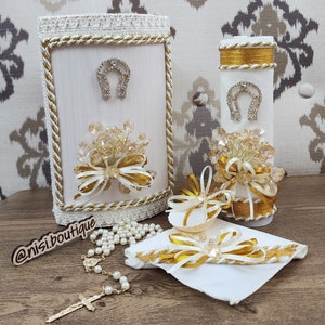 Free Shipping!! Beautiful 5 Pc Charro Baptism Candle Set, Wood Keepsake, Ivory/Gold Baptism Set, Baptism Candle Set Handmade, Ceremony