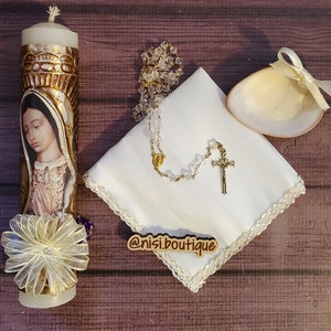 Beautiful Our Lady of Guadalupe Baptism Candle Set, Christening 4 Pieces Set, Ivory, Handmade, Virgen de Guadalupe, Vela de Bautizo.