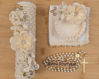 Beautiful Baptism Candle Set, Christening 4 Pieces Set, Ivory, Handmade, Vela de Bautizo, Ceremony candle, a unique design.