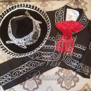 Free Shipping!! Beautiful 6 Pieces Boy Charro Suit, Black with Silver Charro Suit with Hat, Charro Outfit, Mariachi Suit