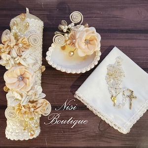 Hermoso juego de velas para bautizo, juego de 4 piezas para bautizo, color salmón marfil, hecho a mano, vela de bautizo, vela de ceremonia, un diseño único