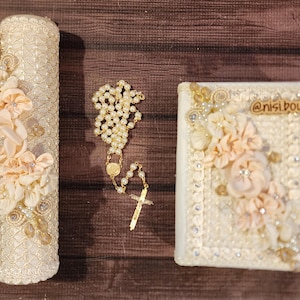 Free Shipping!! Beautiful First Communion or Confirmation Candle Set, Ivory Color  with Complete Spanish Bible and Flower Dress Belt Option