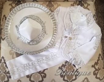 Beautiful 6 pieces Boy Charro Suit, White with Silver Charro Suit with Hat, Charro Outfit, Mariachi Suit, Baptism Charro Suit