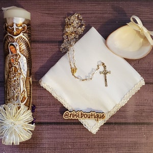 Beautiful Our Lady of Guadalupe Baptism Candle Set, Christening 4 Pieces Set, Ivory, Handmade, Virgen de Guadalupe, Vela de Bautizo.
