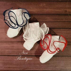 Pack of 3 Pairs of Girl Ruffle Socks, White, White/Red and White/Navy blue, Nylon, Stunning colors ,Girl Baptism Outfit, Ruffle Socks