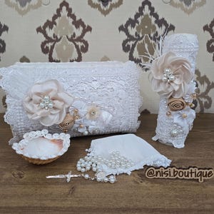 Unique Baptism Candle Set - 5 Piece Handmade White  Flower Design, Christening Keepsake, Vela de Bautizo, Ceremony Essential