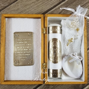 Mooie houten doopkist Jezus Christus-kaarsenset, doopsel 6-delige set, kleur wit, Vela de Bautizo Jesucristo