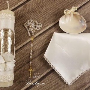 Beautiful Our Lady of Guadalupe Baptism Candle Set, Christening 4 Pieces Set, Ivory, Handmade, Virgen de Guadalupe, Vela de Bautizo.