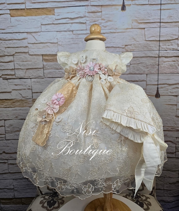 cream dress for christening Beige linen flower girls dress, cream christening dress for girl and boy, baby girls ceremony dress, rustic ivory baby boy dress