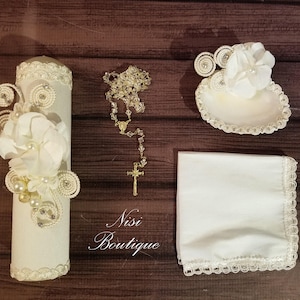 Beautiful Baptism Candle Set, Christening 4 Pieces Set, Ivory, Handmade, Vela de Bautizo, Ceremony candle, a unique design.