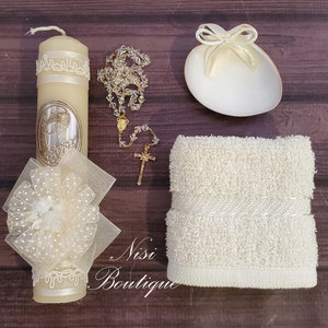 Beautiful Our Lady of Guadalupe Baptism Candle Set, Christening 4 Pieces Set, Ivory, Handmade, Virgen de Guadalupe, Vela de Bautizo.