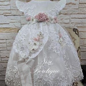 Darmowa dostawa Sukienki do chrztu, Sukienki do chrztu, Biała sukienka dla dziewczynki w kolorze łososia, Sukienka na każdą specjalną okazję, Hermoso vestido Blanco con Salmón