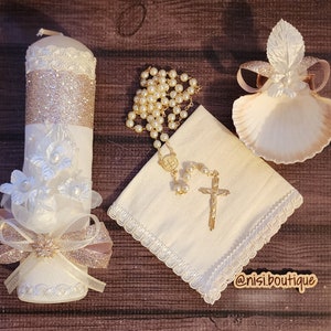 Beautiful 4 pieces Baptism Candle Set, Ivory Rose Gold, Baptism Candle Set Handmade, Vela de Bautizo, Ceremony candle, a unique design.