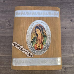 Beautiful Wood Box 6 Pc. Our Lady Guadalupe Beige First Communion Candle Set, Spanish Bible, Primera Comunion Set de vela Biblia en Español