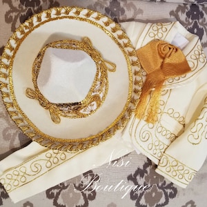 Beautiful 6 pieces Boy Charro Suit, Beige with Gold Charro Suit with Hat, Charro Outfit, Mariachi Suit