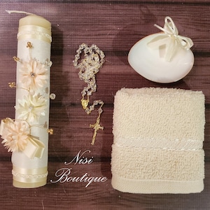 Beautiful Baptism Candle Set, Christening 4 Pieces Set, Ivory, Handmade, Vela de Bautizo, Ceremony candle, a unique design.