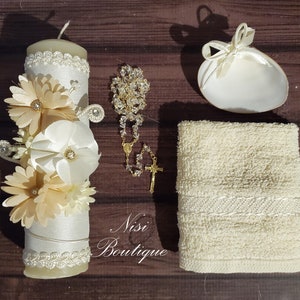 Beautiful Baptism Candle Set, Christening 4 Pieces Set, Ivory, Handmade, Vela de Bautizo, Ceremony candle, a unique design.