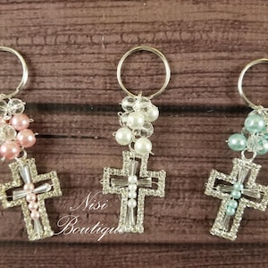 12 Pieces of Favors, Beautiful Keychain of Silver Pink, Beige, Blue Green or White Color, Baptism or Baby Shower Favors, Keychain Favors