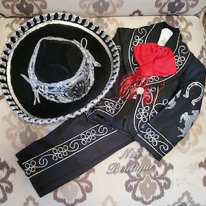 Beautiful 6 pieces Boy Charro Suit, Black with Silver Charro Suit with Hat, Charro Outfit, Mariachi Suit