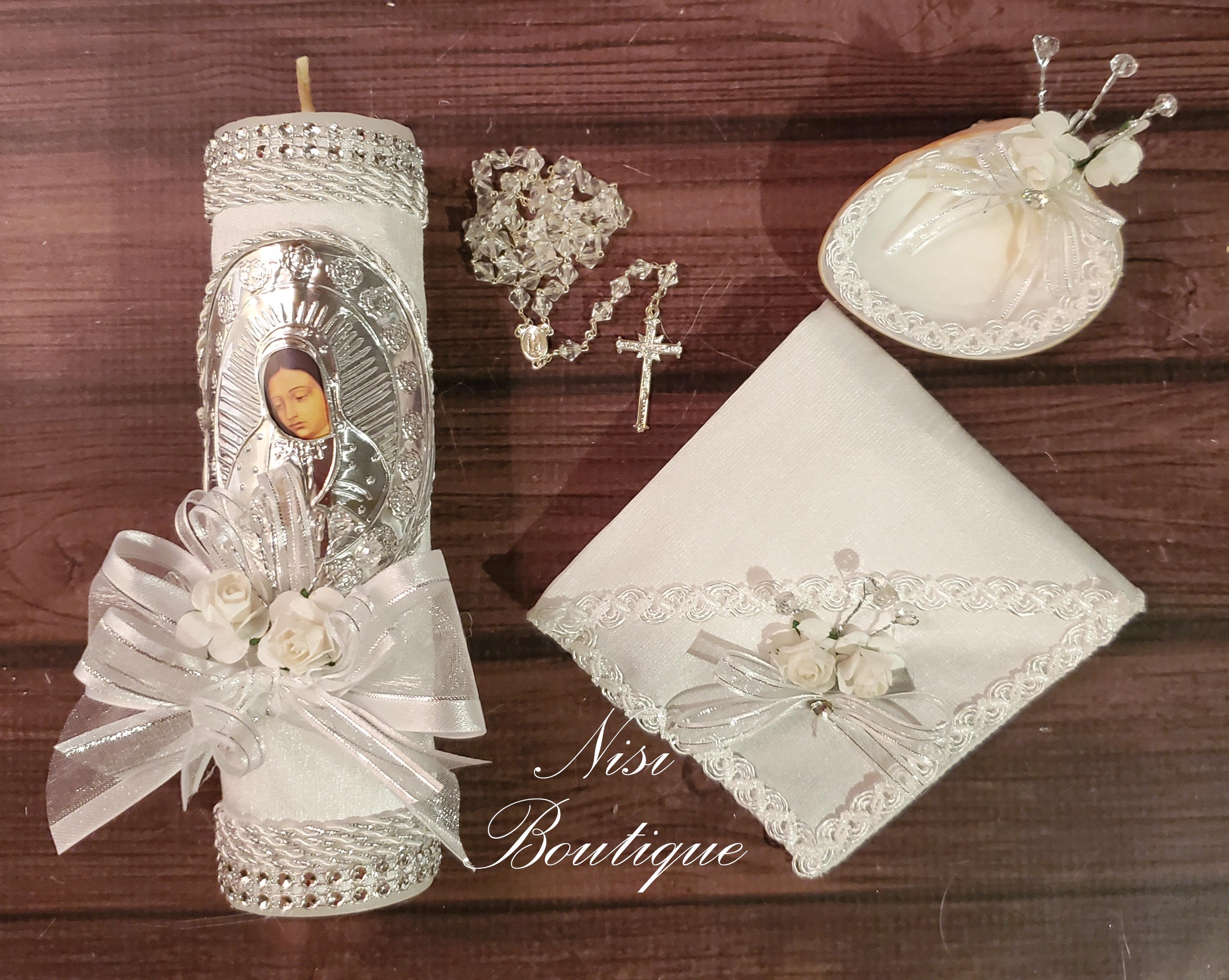 Beautiful Baptism Wood Box Our Lady of Guadalupe Candle Set