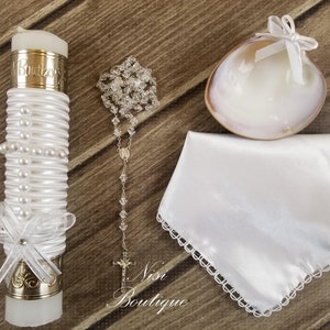 Beautiful Baptism Candle Set, Christening 4 Pieces Set, White, Handmade, Vela de Bautizo, Ceremony candle, a unique design.