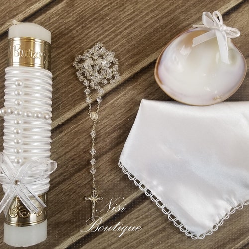 Beautiful Baptism Candle Set Christening 4 Pieces Set White Etsy