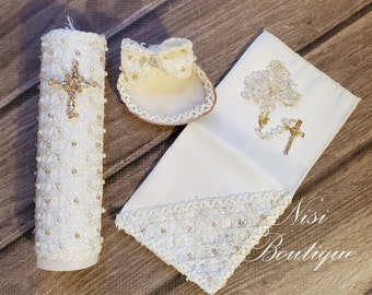 Beautiful Baptism Candle Set, Christening 4 Pieces Set, Ivory, Handmade, Vela de Bautizo, Ceremony candle, a unique design.