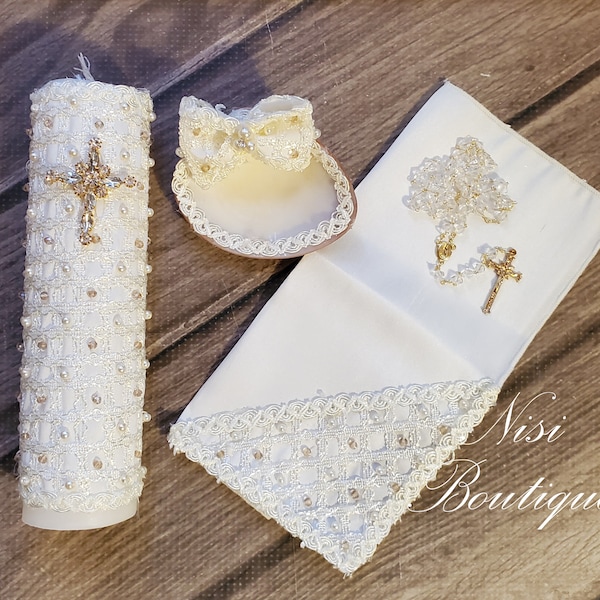 Beautiful Baptism Candle Set, Christening 4 Pieces Set, Ivory, Handmade, Vela de Bautizo, Ceremony candle, a unique design.