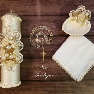 Beautiful Baptism Candle Set, Christening 4 Pieces Set, Ivory, Handmade, Vela de Bautizo, Ceremony candle, a unique design.