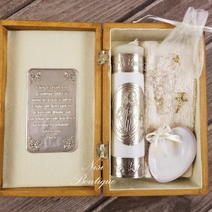 Beautiful Baptism Wood Box Jesus Christ Candle Set, Christening 6 Pieces Set, Color Ivory, Vela de Bautizo Jesucristo