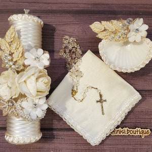 Beautiful Baptism Candle Set, Christening 4 Pieces Set, Ivory, Handmade, Vela de Bautizo, Ceremony candle, a Unique Design