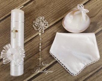 Beautiful Baptism Candle Set, Christening 4 Pieces Set, White, Handmade, Vela de Bautizo, Ceremony candle, a unique design.