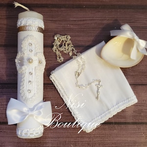 Beautiful Baptism Candle Set, Christening 4 Pieces Set, White, Handmade, Vela de Bautizo, Ceremony candle, a unique design.