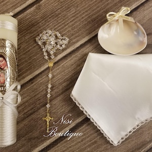 Beautiful Our Lady of Guadalupe Baptism Candle Set, Christening 4 Pieces Set, Ivory, Handmade, Virgen de Guadalupe, Vela de Bautizo.