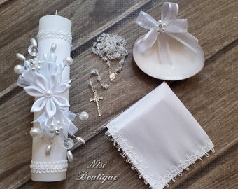 Beautiful Baptism Candle Set, Christening 4 Pieces Set, White, Hand Made, Vela de Bautizo, Ceremony candle, a unique design.