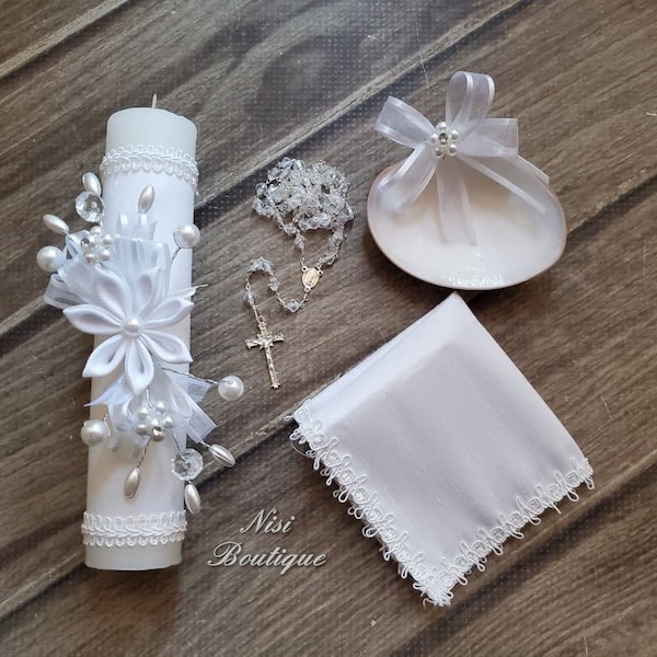 Beautiful Baptism Candle Set, Christening 4 Pieces Set, White, Hand Made, Vela de Bautizo, Ceremony candle, a unique design.