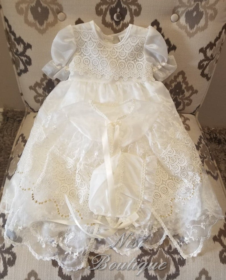 3 Piece Baby Christening Wedding Party Dress Cape Bonnet White Lace Baptism Gown