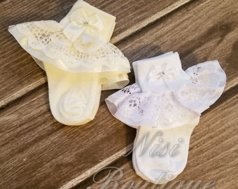 Christening, Baptism Girl Ruffle Socks, White or Ivory, Nylon, Perfect for Special Occasion, Girl Baptism Outfit, Ruffle Socks