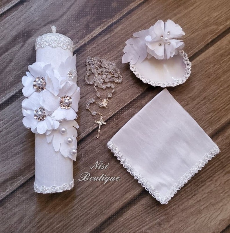 Beautiful Baptism Candle Set Christening 4 Pieces Set White Etsy