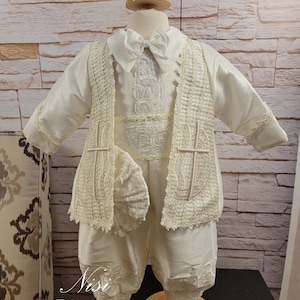 Traje Bautizo Niño, Traje Bendición o Bautismo Color Marfil, Traje Bautismo Niño, 6 Piezas, Traje Modelo Español Color Marfil