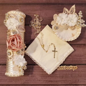 Free Shipping!! Beautiful Baptism Candle Set, Christening 4 Pieces Set, Color Ivory Pink, Handmade, Vela de Bautizo, Ceremony candle