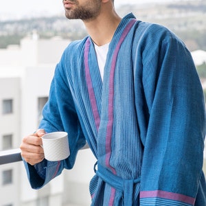 Navy Turkish cotton robe, navy on red striped Peshtemal bathrobe, cotton robe, spa robe, kimono robe, christmas gift