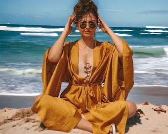 Kimono de plage, gilet pare-poussière naturel doux, robe de demoiselle d'honneur, peignoir de luxe pour spa/plage, kimono de mariée, cadeau pour elle, cadeau de fête des mères