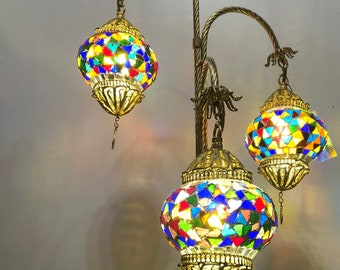 Turkish Mosaic Table Lamp Tall Gold Multicolor, Special Hand Made Vintage Turkish Antique Look Triple Copper Filigree Tall (28inches)