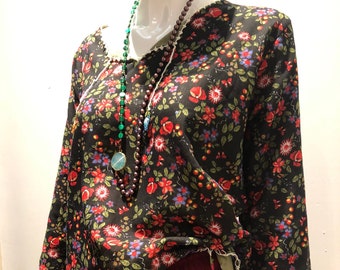 Boho floral  purple/turquoise/black pure cotton Shirt for Summer, boho needle gauze blouse, floral boho summer tunic top, beach cover up,