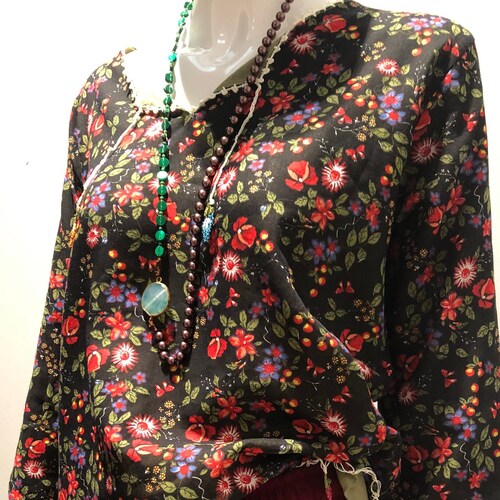 Boho floral purple/turquoise/black pure cotton shops Shirt for Summer, boho needle gauze blouse, floral boho summer tunic top, beach cover up,