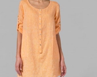 Women Linen buttoned yellow pocket Shirt for Summer, 100% organic linen long sleeve color / Gift/Mother's Day Gift