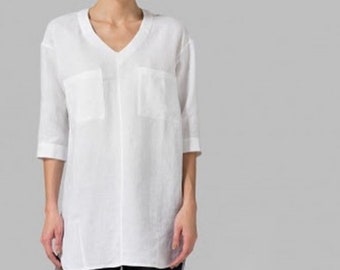 Women v neck Linen off white pocket Tunic for Summer, 100% organic linen long sleeve / Gift/Mother's Day Gift