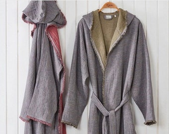 Pamuk men/women hooded certified organic muslin robe, Turkish Cotton kimono robe, cotton robe, cotton unisex robeMother's Day Gift