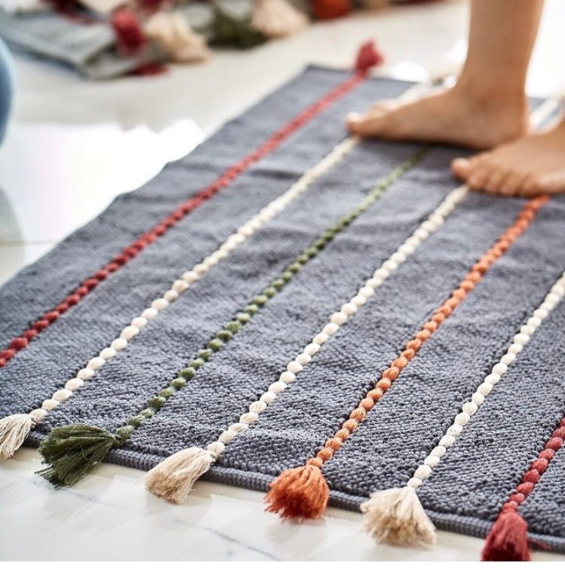 Tassel Bath Mat Charcoal/beige/ Khaki Organic Cotton Bath Etsy